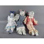 Six Porcelain Animal Dolls, the dolls with hand-painted porcelain heads, hands and feet, complete