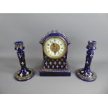 A Victorian Cobalt Blue Ceramic Mantle Clock and Garniture, decorated with fleur de lys, approx 15