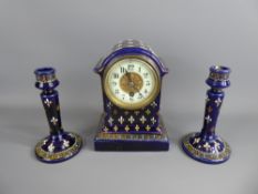 A Victorian Cobalt Blue Ceramic Mantle Clock and Garniture, decorated with fleur de lys, approx 15