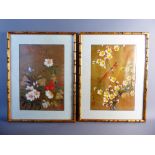 Eight Japanese Prints, depicting birds amongst blossoms and butterflies, framed in bamboo effect