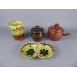 Four Winchcombe Pottery Items, including an earthenware green-glazed double dish, approx 16.5 cms