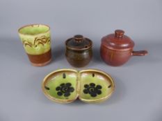Four Winchcombe Pottery Items, including an earthenware green-glazed double dish, approx 16.5 cms