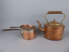 A Copper Fireside Kettle together with four antique copper lidded graduated saucepans marked CKT