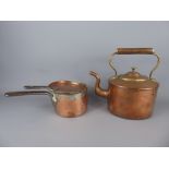 A Copper Fireside Kettle together with four antique copper lidded graduated saucepans marked CKT