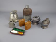 A Gentleman's Lot, including two Vintage Ronson Lighters, a leather and pewter hip flask imprinted