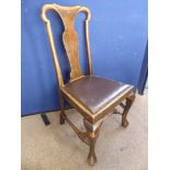 Three Antique Splat Back Dining Chairs and a Carver, with leather seating.