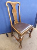 Three Antique Splat Back Dining Chairs and a Carver, with leather seating.