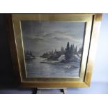 A Chinese Painting on Silk, depicting a tranquil river and mountain scene, circa 1900, approx glazed