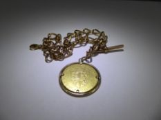 An Antique 9 ct Yellow Gold Fob Chain, with a solid gold spade guinea, dated 1799, the guinea not