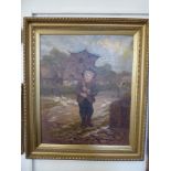 A Late Victorian Oil on Canvas, 'Boy and Umbrella', approx 50 x 60 cms, framed, indistinct signature