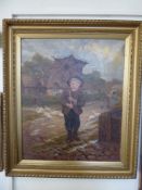 A Late Victorian Oil on Canvas, 'Boy and Umbrella', approx 50 x 60 cms, framed, indistinct signature