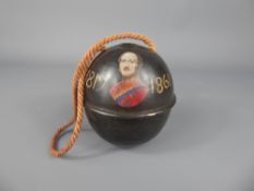 A Victorian Commemorative Treen String Barrel, hand-painted with an image of Prince Albert 1819-