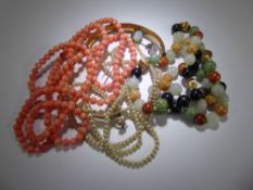 A Collection of Jewellery, including pink stone necklace, agate necklace, semi precious stone