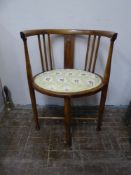 An Edwardian Inlaid Corner Chair with fabric seat, approx 70 cms high.