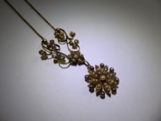 Antique 9ct Yellow Gold Seed Pearl Floral Drop Necklace, the drop measures 20 x 20 mm, total drop is