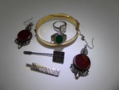 Miscellaneous Jewellery, including Silver and Cornelian Earrings, silver ring, ingot, stick pin,