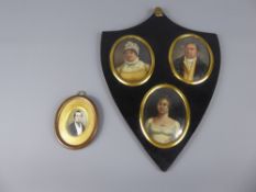 A Georgian Portrait Miniature Trio, in shield form frame, together with an antique portrait