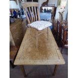 An Antique Pine Kitchen Table, approx 157 x 87 x 78 cms, together with six pine spindle-back