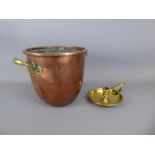 A Copper and Brass Art Nouveau Jardiniere, approx 21 cms together with a brass candle stand