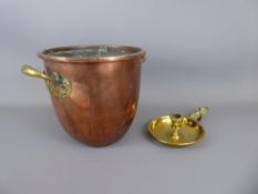 A Copper and Brass Art Nouveau Jardiniere, approx 21 cms together with a brass candle stand