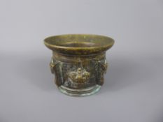 An Antique Bronze Mortar, cast with crowns and beaded decoration, approx 7.5 cms, approx 950 gms.