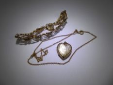 A 9 ct Gold Gate Link Bracelet, together with a 9 ct gold heart locket and chain, approx 12 gms.