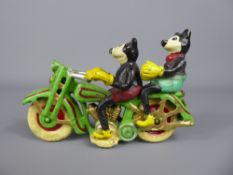 A Vintage Cast Iron Polychrome Model of Mickey and Minnie Mouse on a Motorbike.
