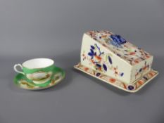 A 19th Century English Hand Painted Tea Cup and Saucer, together with a Ironstone Cheese Dish. (2)