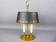 A Vintage Brass Bedside Light, with black/gold shade, approx 28 cms high.