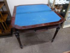 A Mahogany Card Table on reeded legs with original blue baize, approx 90 x 45 x 75 cms (89 cms