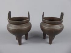 A Pair of Japanese Edo Period Censers, tripod bases, with incised foliate decoration, approx 12.5