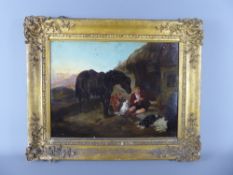 A 19th Century Oil on Canvas, depicting a boy sitting on cottage steps surrounded by animals, approx