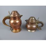 Two Georgian Copper Tankards, both with half-penny coins to top and thumb-hinged lids, inscribed