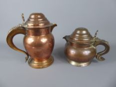 Two Georgian Copper Tankards, both with half-penny coins to top and thumb-hinged lids, inscribed