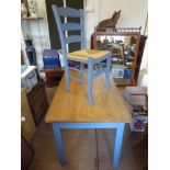 A Pine Kitchen Table with blue-painted legs and cutlery drawer to front, approx 121 x 76 x 78 cms,