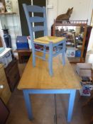 A Pine Kitchen Table with blue-painted legs and cutlery drawer to front, approx 121 x 76 x 78 cms,