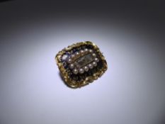 A Victorian 9 ct Yellow Gold, Black Enamel Seed Pearl Mourning Brooch,engraved Hemming George died