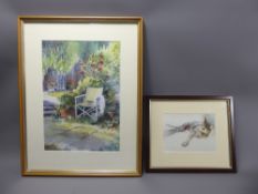 Two Water Colour Prints, one depicting a cat cleaning herself and the other a cat under a garden