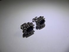 A Pair of 18ct White Gold Sapphire and Diamond Earrings, approx 6.5 mm x 5 mm, the sapphire