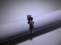 An Antique 18 ct Yellow Gold, Ruby and Diamond Ring, ruby 4.7 mm, approx 30 pts of dias, size P,