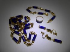 A Chinese 14k Yellow Gold and Lapis Lazuli Necklace, Bracelet, Ring and Earring Set, the necklace