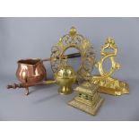 A Quantity of Copper and Brass, comprising copper ladle pan, brass ink well, brass incense burner.
