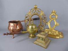 A Quantity of Copper and Brass, comprising copper ladle pan, brass ink well, brass incense burner.