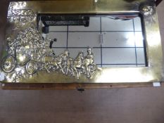 A Rectangular Brass Mantel Mirror, depicting 'Coach and Horses', approx 92 x 50 cms.