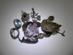 Miscellaneous Silver Brooches, including floral, leaf, lily, blue stone brooch, antique yellow and