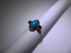 A Georgian 18ct (tested) Yellow Gold & Silver Diamond, Turquoise & Amethyst Ring,