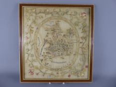 An 18th Century Antique Sampler, a charming map of England, worked by Susanna Cubier dated 1789,