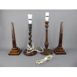 Two Vintage Oak Lamp Stands, one barley twist, together with a pair of wood carved mantel stands,