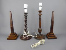 Two Vintage Oak Lamp Stands, one barley twist, together with a pair of wood carved mantel stands,