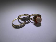 A Collection of Rings, including 9ct yellow and white stone ring, size K, 9ct shell cameo ring
